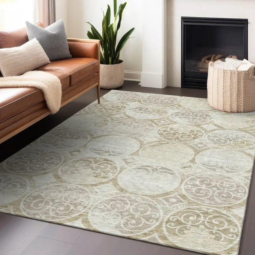 Ivory Beige And Taupe Medallion Washable Area Rug With UV Protection Photo 6