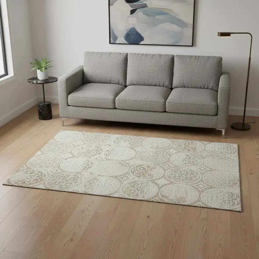 Ivory Beige And Taupe Medallion Washable Area Rug With UV Protection Photo 2