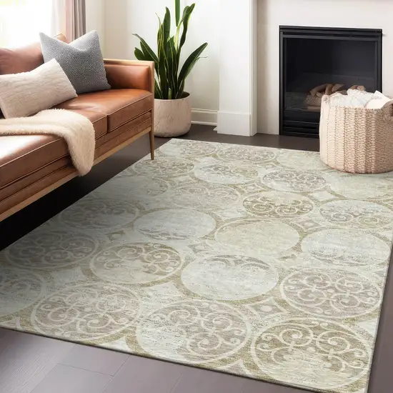 Ivory Beige And Taupe Medallion Washable Area Rug With UV Protection Photo 6