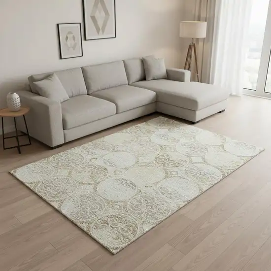 Ivory Beige And Taupe Medallion Washable Area Rug With UV Protection Photo 2