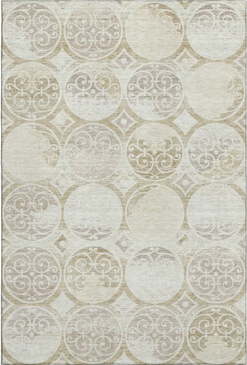 Ivory Beige And Taupe Medallion Washable Area Rug With UV Protection Photo 1