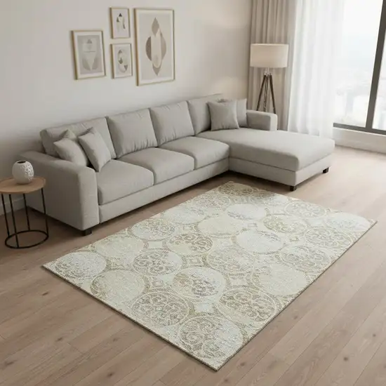 Ivory Beige And Taupe Medallion Washable Area Rug With UV Protection Photo 2