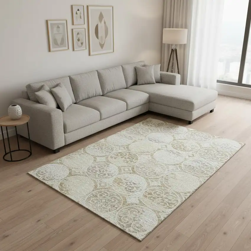 Ivory Beige And Taupe Medallion Washable Area Rug With UV Protection Photo 2