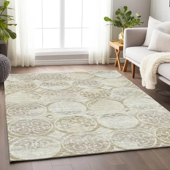 Ivory Beige And Taupe Medallion Washable Area Rug With UV Protection Photo 5
