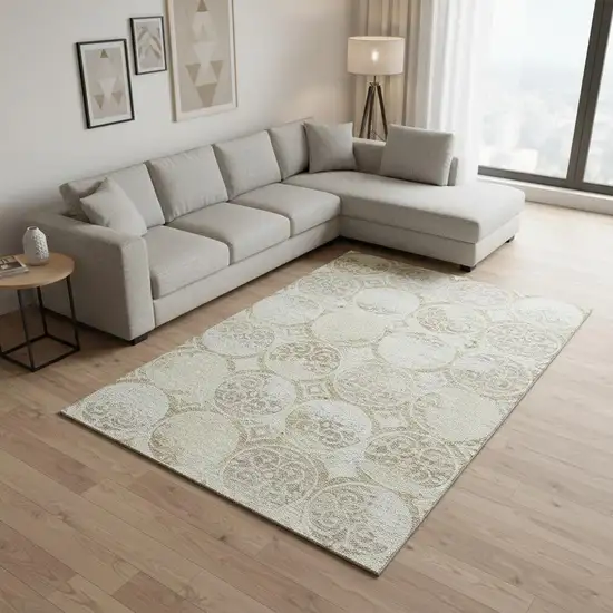Ivory Beige And Taupe Medallion Washable Area Rug With UV Protection Photo 2