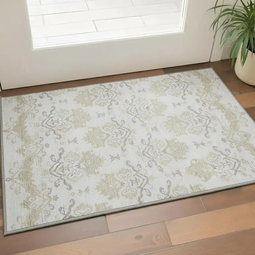 Ivory Beige And Taupe Medallion Washable Area Rug With UV Protection Photo 2