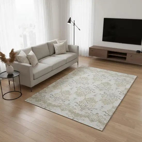 Ivory Beige And Taupe Medallion Washable Area Rug With UV Protection Photo 2