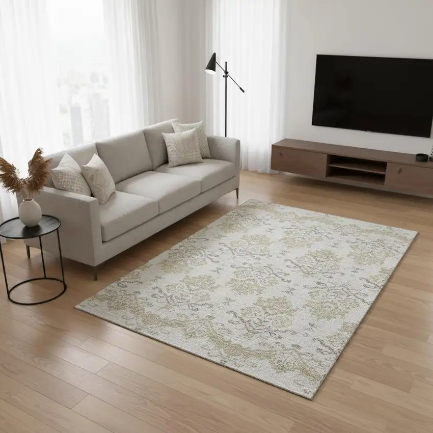 Ivory Beige And Taupe Medallion Washable Area Rug With UV Protection Photo 2