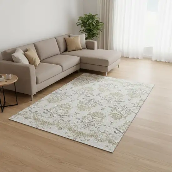 Ivory Beige And Taupe Medallion Washable Area Rug With UV Protection Photo 2