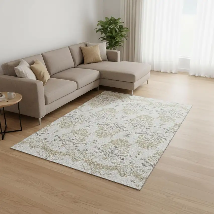 Ivory Beige And Taupe Medallion Washable Area Rug With UV Protection Photo 2