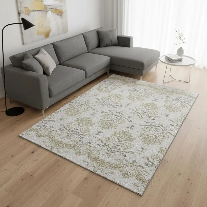 Ivory Beige And Taupe Medallion Washable Area Rug With UV Protection Photo 2