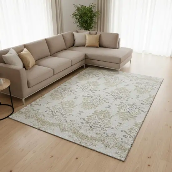 Ivory Beige And Taupe Medallion Washable Area Rug With UV Protection Photo 2