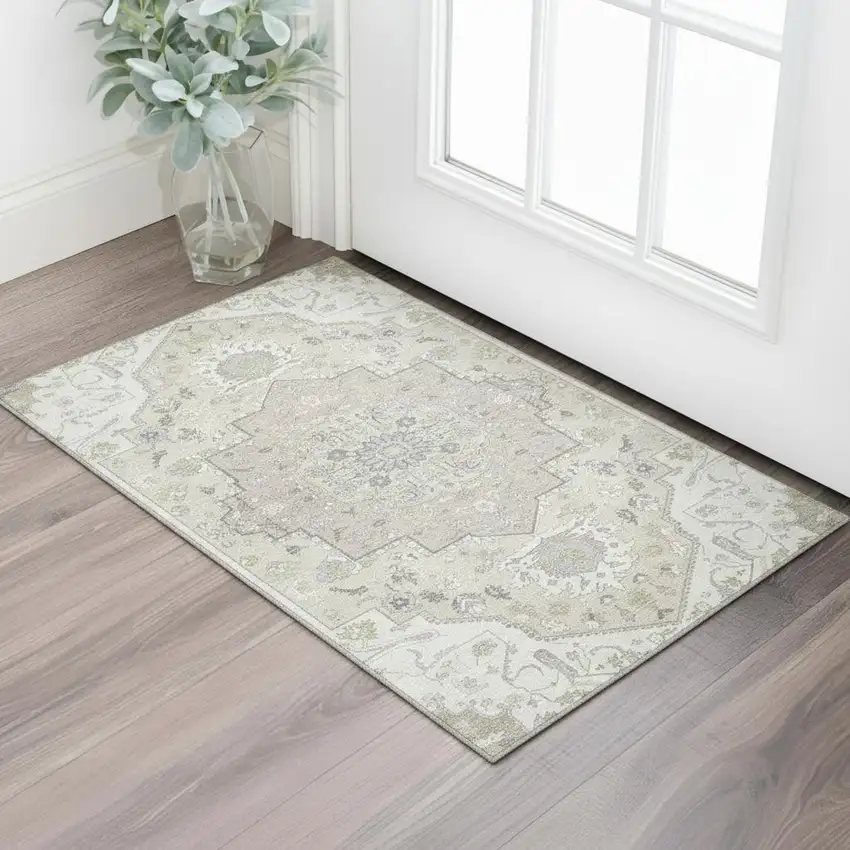 Ivory Beige And Taupe Oriental Washable Area Rug With UV Protection Photo 2