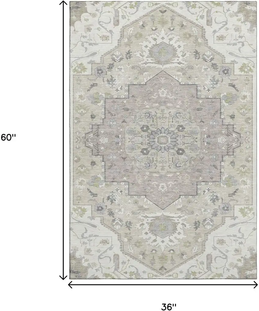 Ivory Beige And Taupe Oriental Washable Area Rug With UV Protection Photo 9