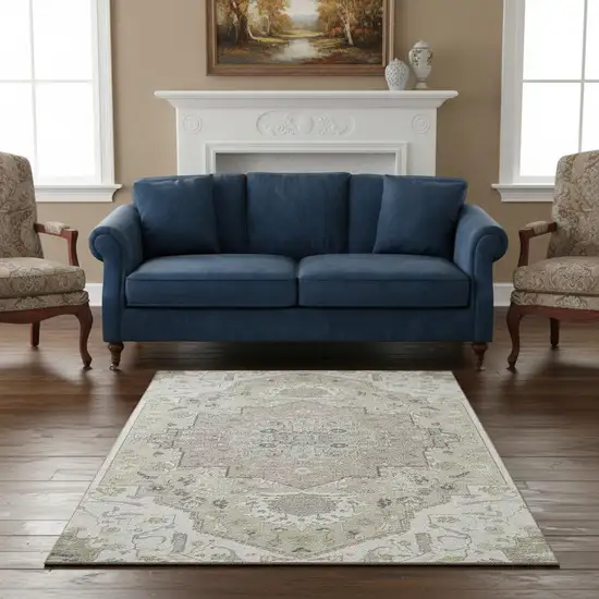 Ivory Beige And Taupe Oriental Washable Area Rug With UV Protection Photo 2