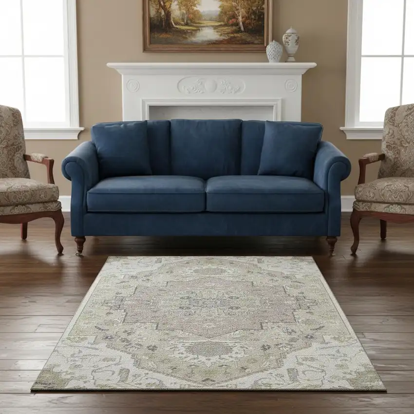 Ivory Beige And Taupe Oriental Washable Area Rug With UV Protection Photo 2