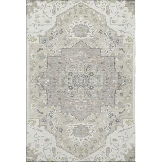 Ivory Beige And Taupe Oriental Washable Area Rug With UV Protection Photo 3