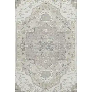Photo of Ivory Beige And Taupe Oriental Washable Area Rug With UV Protection