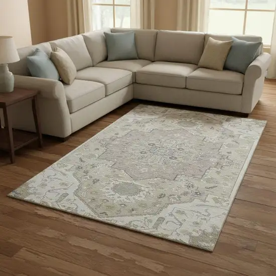 Ivory Beige And Taupe Oriental Washable Area Rug With UV Protection Photo 2