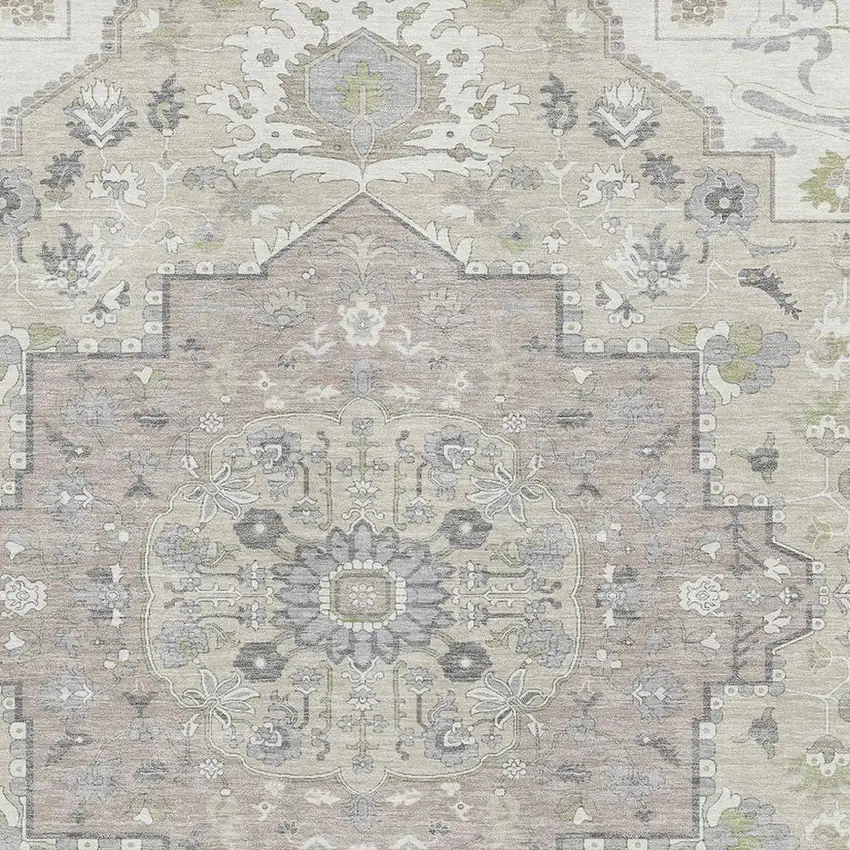 Ivory Beige And Taupe Oriental Washable Area Rug With UV Protection Photo 2