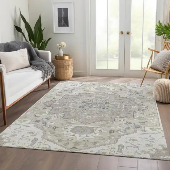 Ivory Beige And Taupe Oriental Washable Area Rug With UV Protection Photo 5