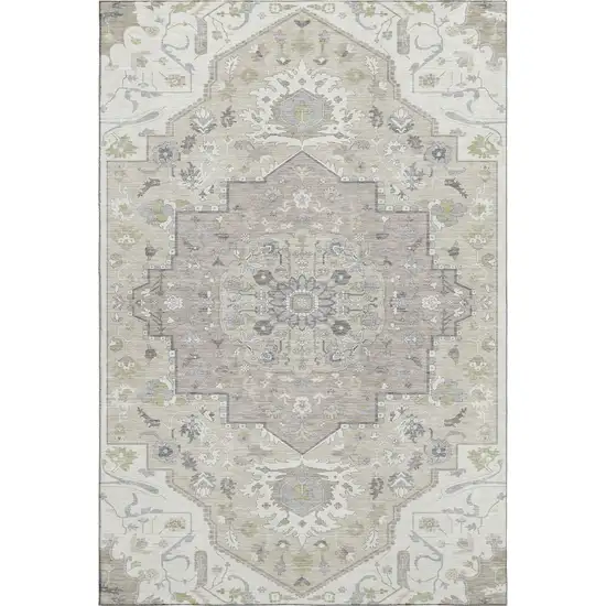 Ivory Beige And Taupe Oriental Washable Area Rug With UV Protection Photo 1