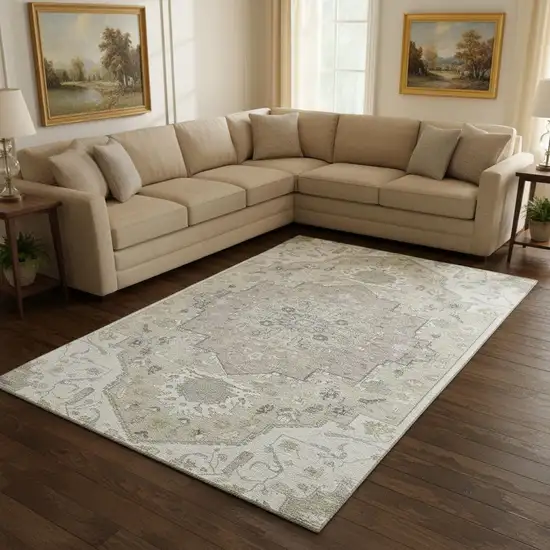 Ivory Beige And Taupe Oriental Washable Area Rug With UV Protection Photo 2
