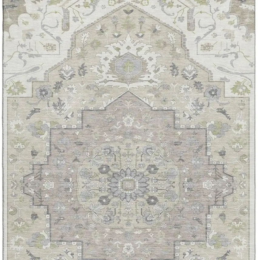 Ivory Beige And Taupe Oriental Washable Area Rug With UV Protection Photo 3