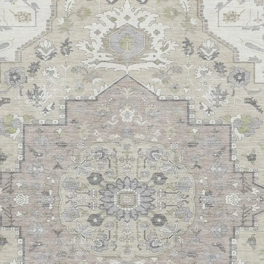Ivory Beige And Taupe Oriental Washable Area Rug With UV Protection Photo 2