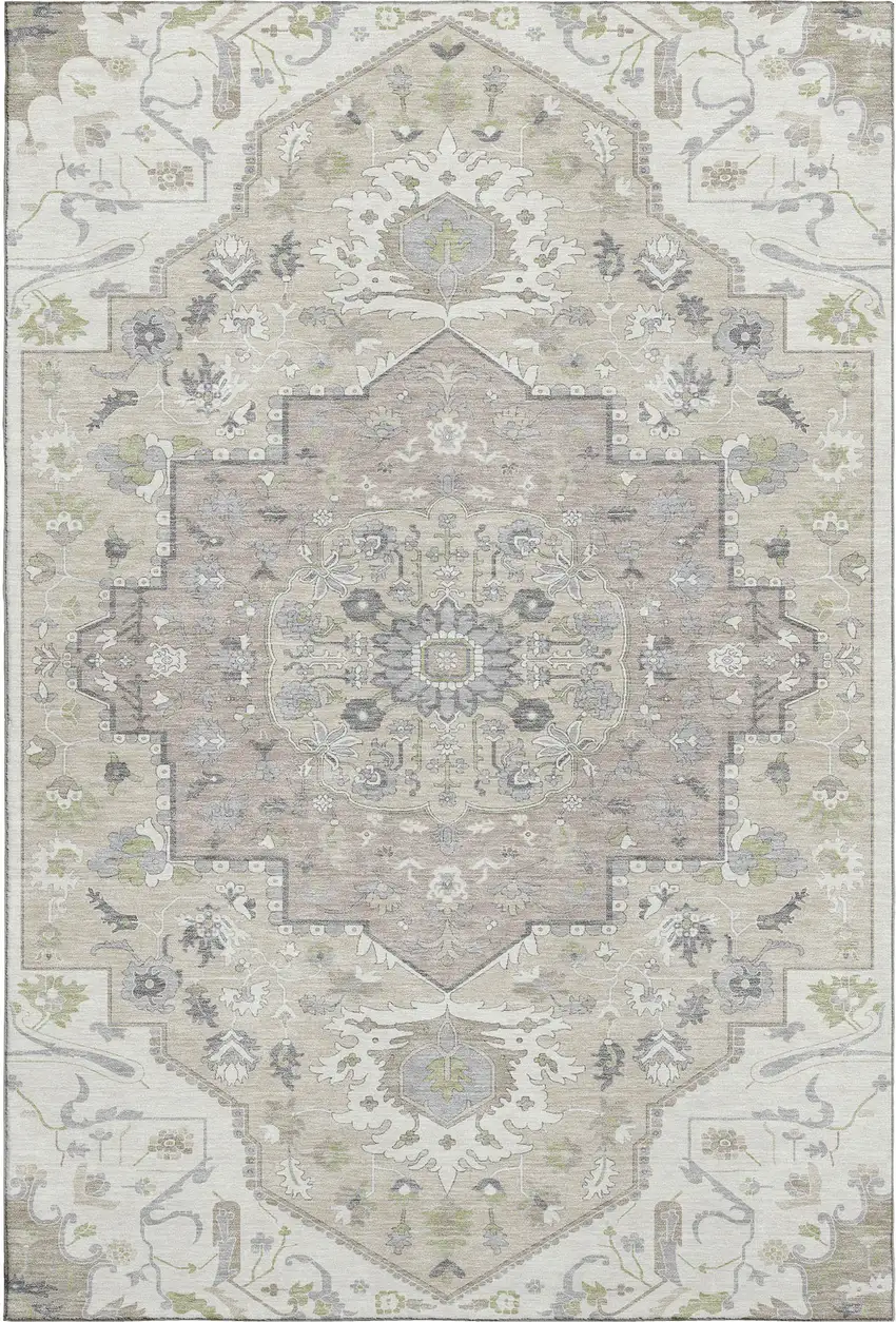 Ivory Beige And Taupe Oriental Washable Area Rug With UV Protection Photo 1