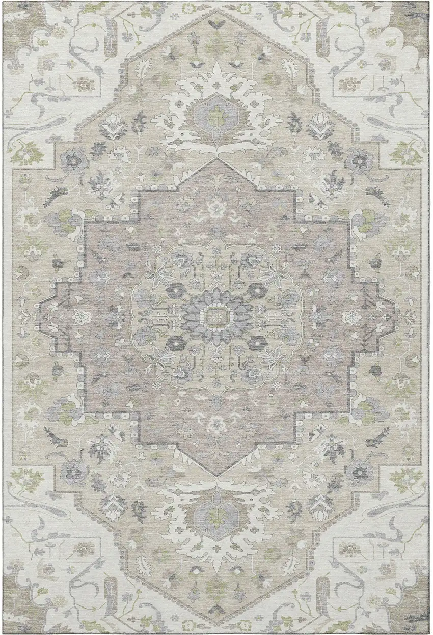 Ivory Beige And Taupe Oriental Washable Area Rug With UV Protection Photo 3