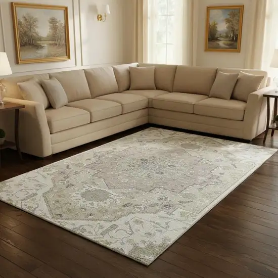 Ivory Beige And Taupe Oriental Washable Area Rug With UV Protection Photo 2