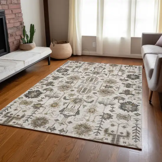 Ivory Beige And Taupe Oriental Washable Indoor Outdoor Area Rug Photo 9