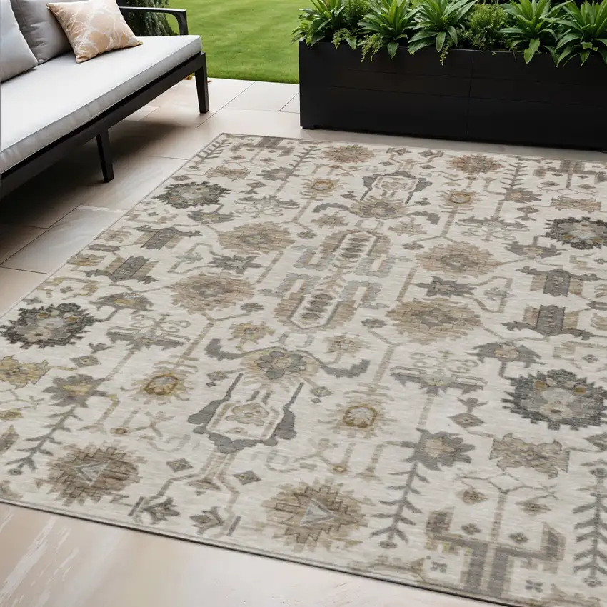 Ivory Beige And Taupe Oriental Washable Indoor Outdoor Area Rug Photo 1