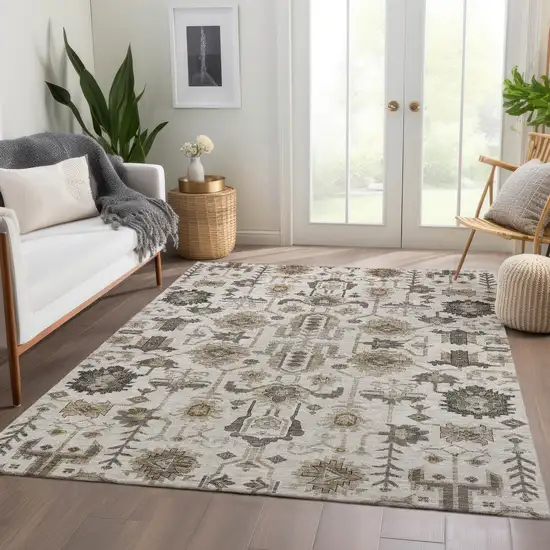 Ivory Beige And Taupe Oriental Washable Indoor Outdoor Area Rug Photo 8