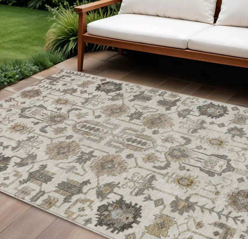 Ivory Beige And Taupe Oriental Washable Indoor Outdoor Area Rug Photo 1