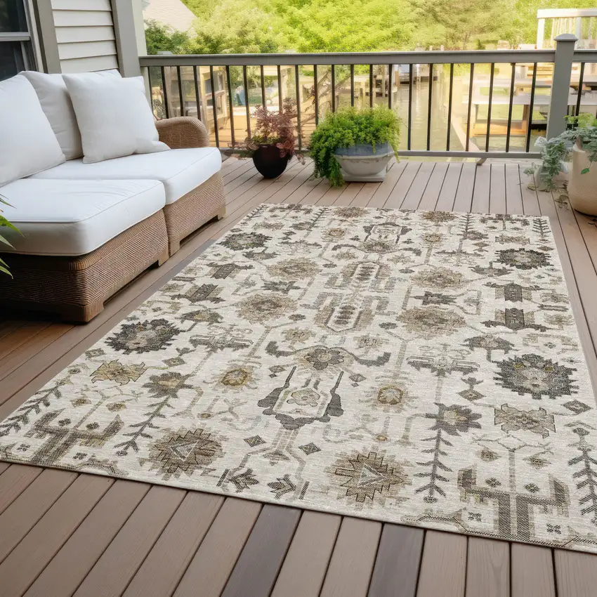 Ivory Beige And Taupe Oriental Washable Indoor Outdoor Area Rug Photo 7