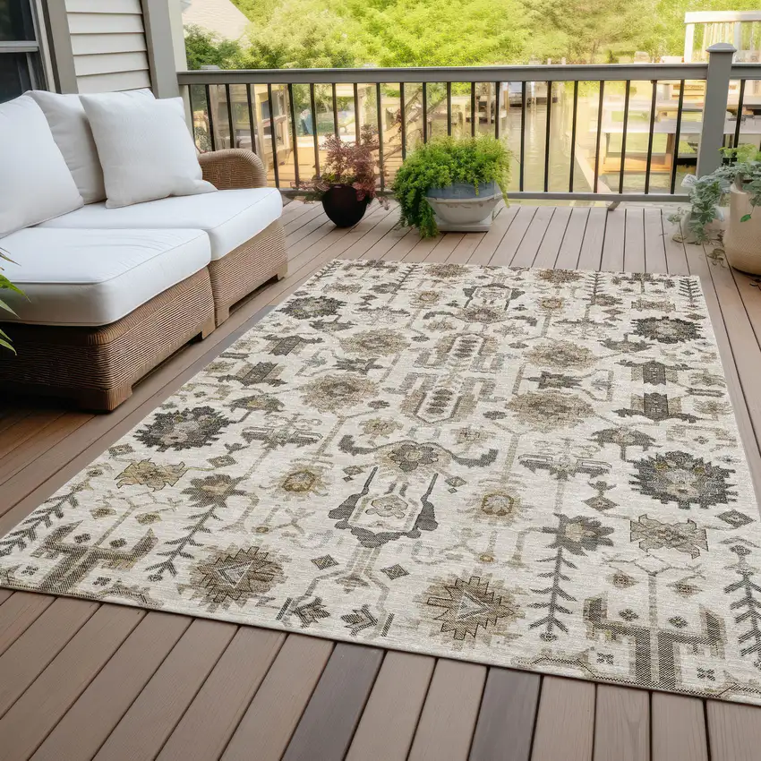 Ivory Beige And Taupe Oriental Washable Indoor Outdoor Area Rug Photo 7