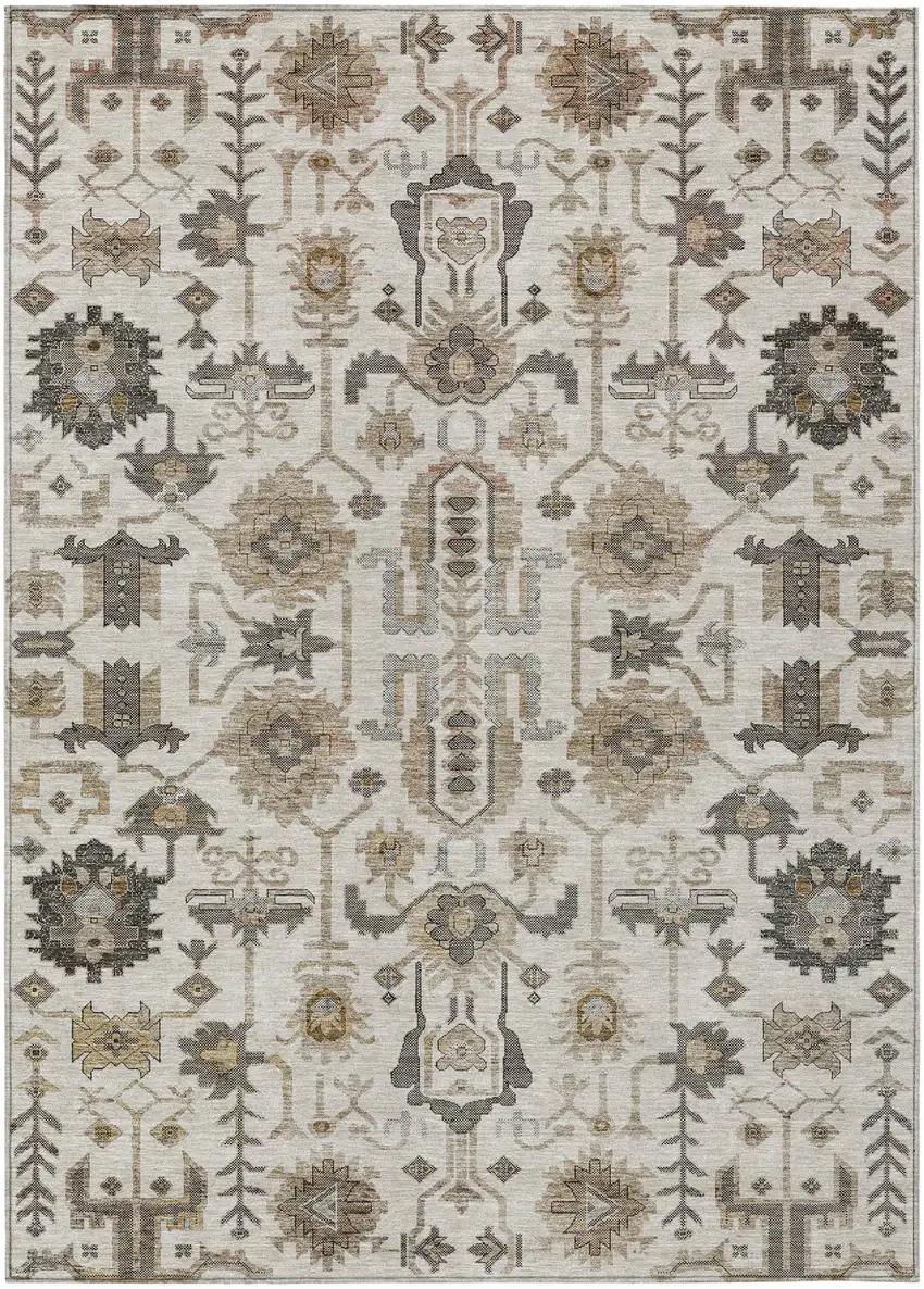 Ivory Beige And Taupe Oriental Washable Indoor Outdoor Area Rug Photo 2
