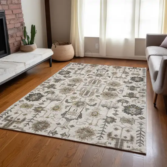 Ivory Beige And Taupe Oriental Washable Indoor Outdoor Area Rug Photo 9