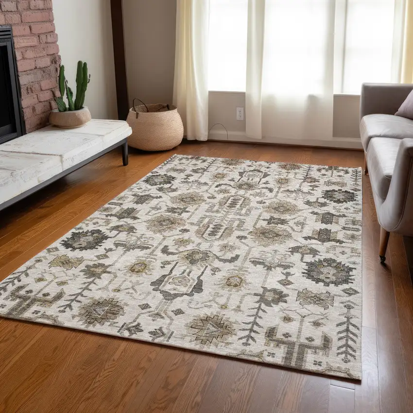 Ivory Beige And Taupe Oriental Washable Indoor Outdoor Area Rug Photo 9