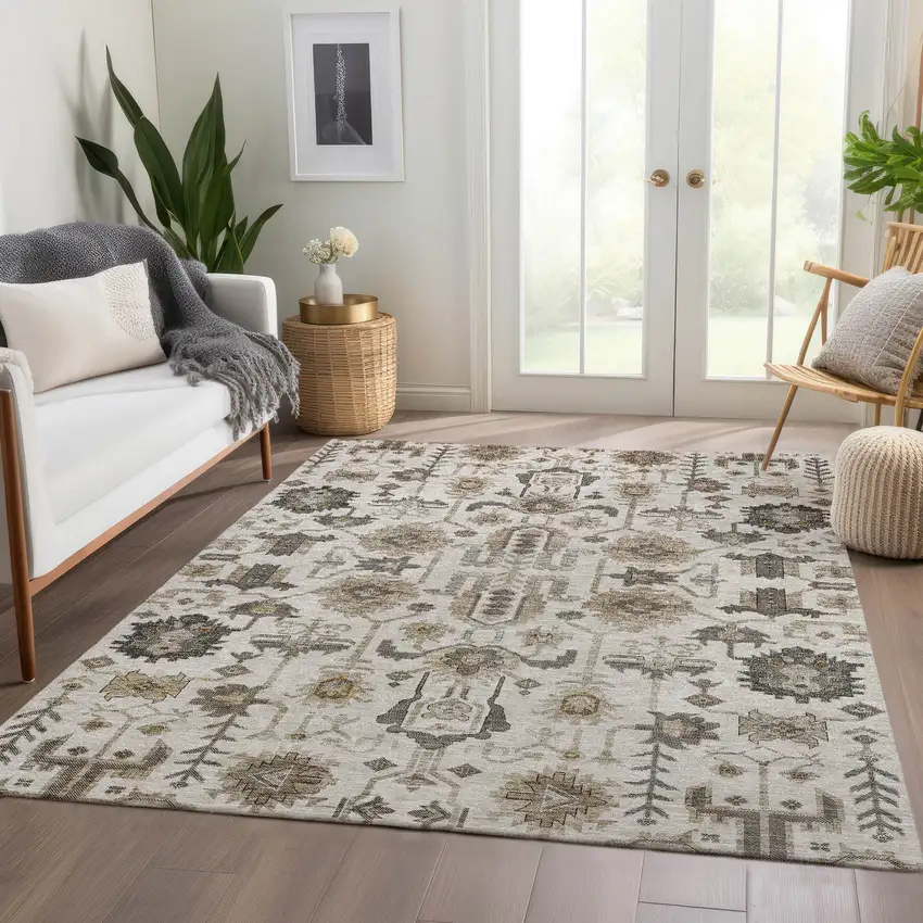 Ivory Beige And Taupe Oriental Washable Indoor Outdoor Area Rug Photo 7