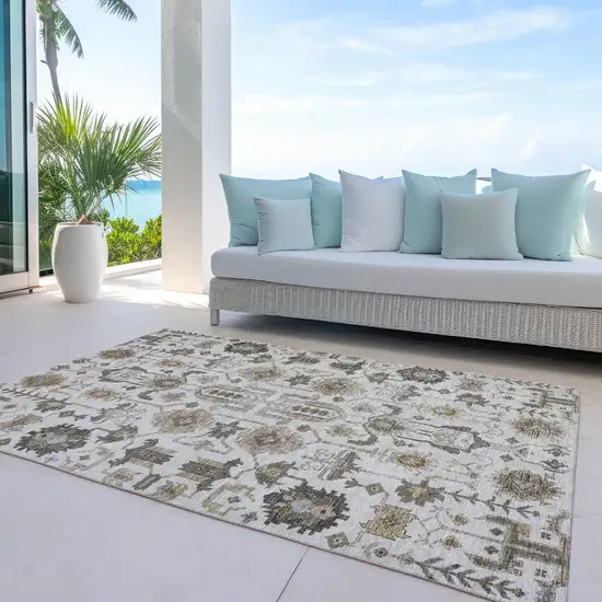 Ivory Beige And Taupe Oriental Washable Indoor Outdoor Area Rug Photo 9