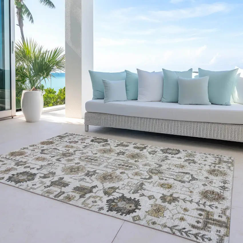 Ivory Beige And Taupe Oriental Washable Indoor Outdoor Area Rug Photo 9