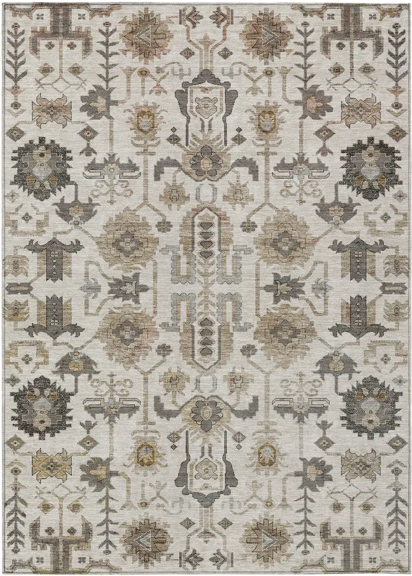 Ivory Beige And Taupe Oriental Washable Indoor Outdoor Area Rug Photo 1