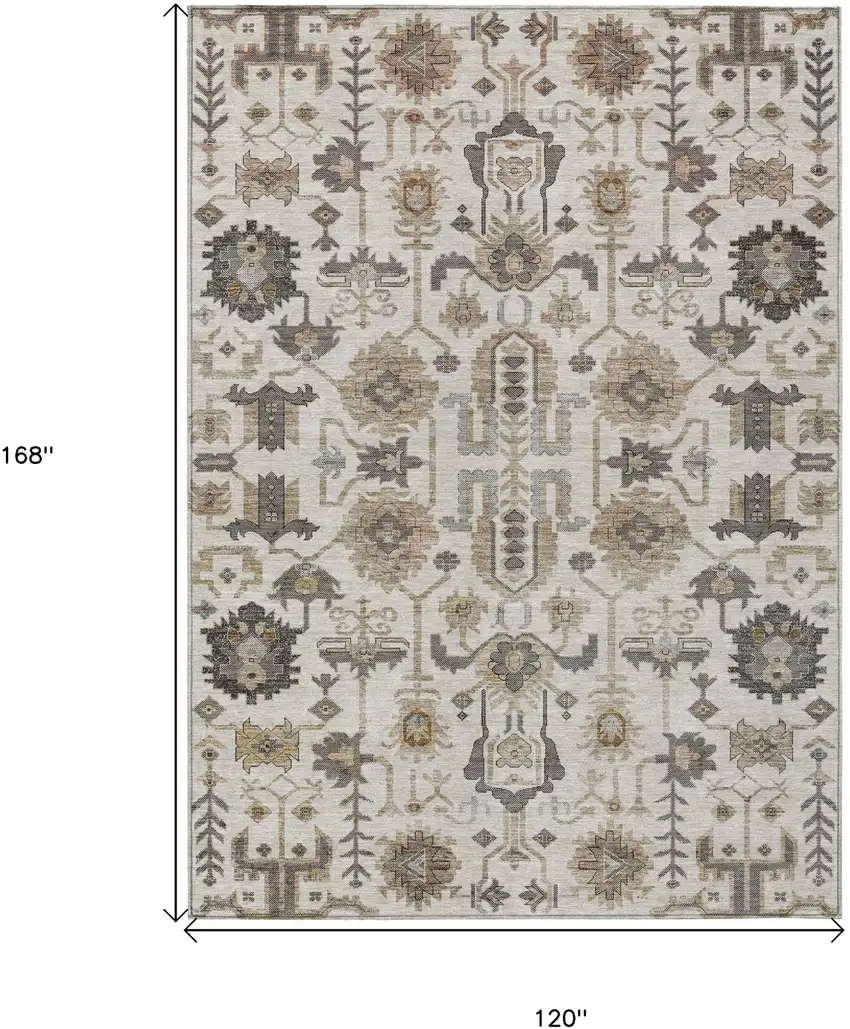Ivory Beige And Taupe Oriental Washable Indoor Outdoor Area Rug Photo 3
