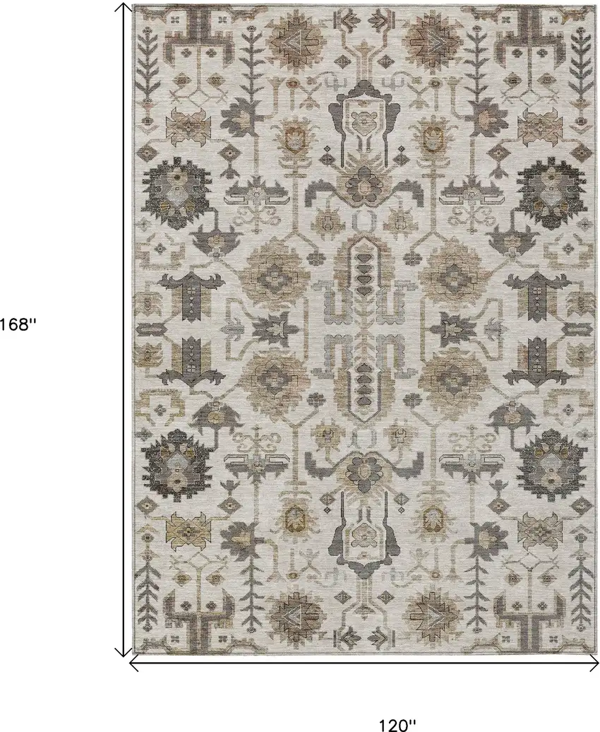 Ivory Beige And Taupe Oriental Washable Indoor Outdoor Area Rug Photo 3