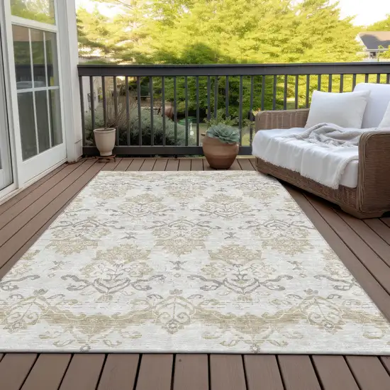 Ivory Beige And Taupe Oriental Washable Indoor Outdoor Area Rug Photo 6