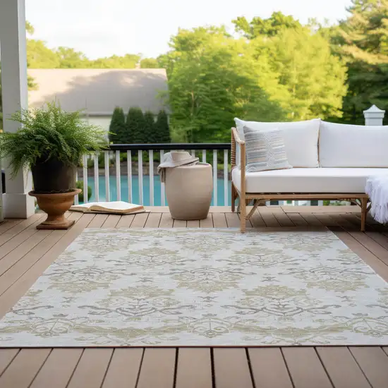 Ivory Beige And Taupe Oriental Washable Indoor Outdoor Area Rug Photo 9