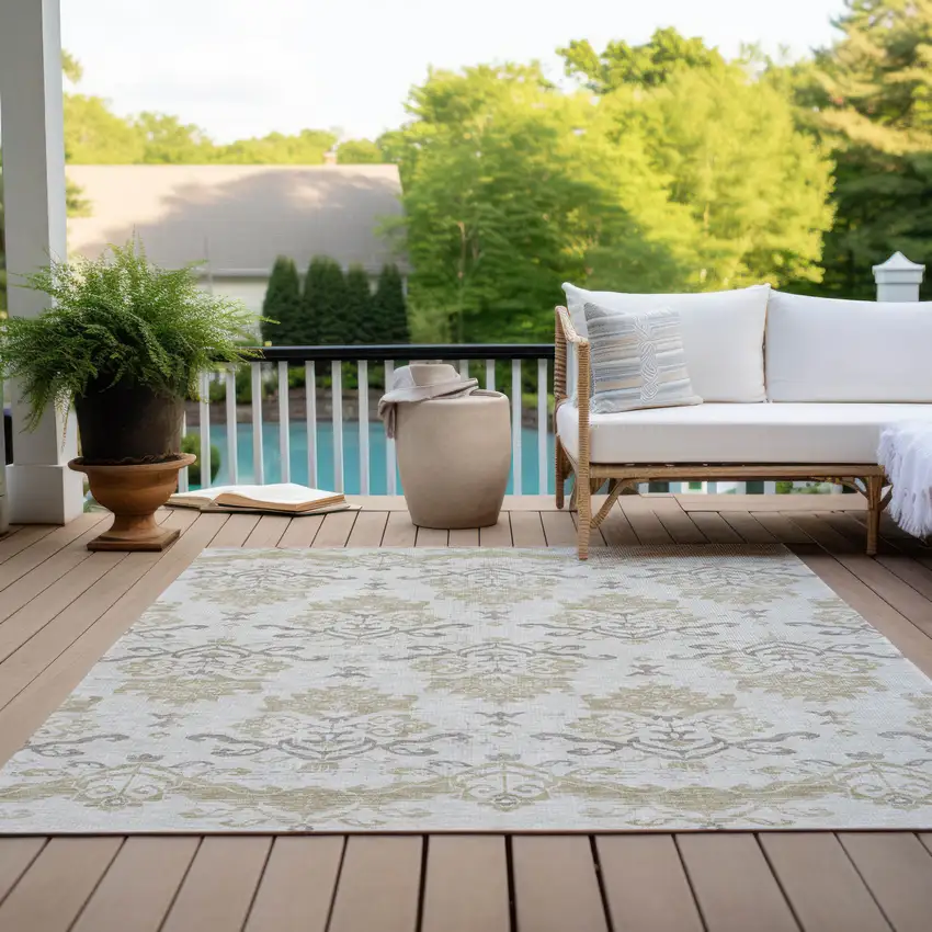 Ivory Beige And Taupe Oriental Washable Indoor Outdoor Area Rug Photo 9